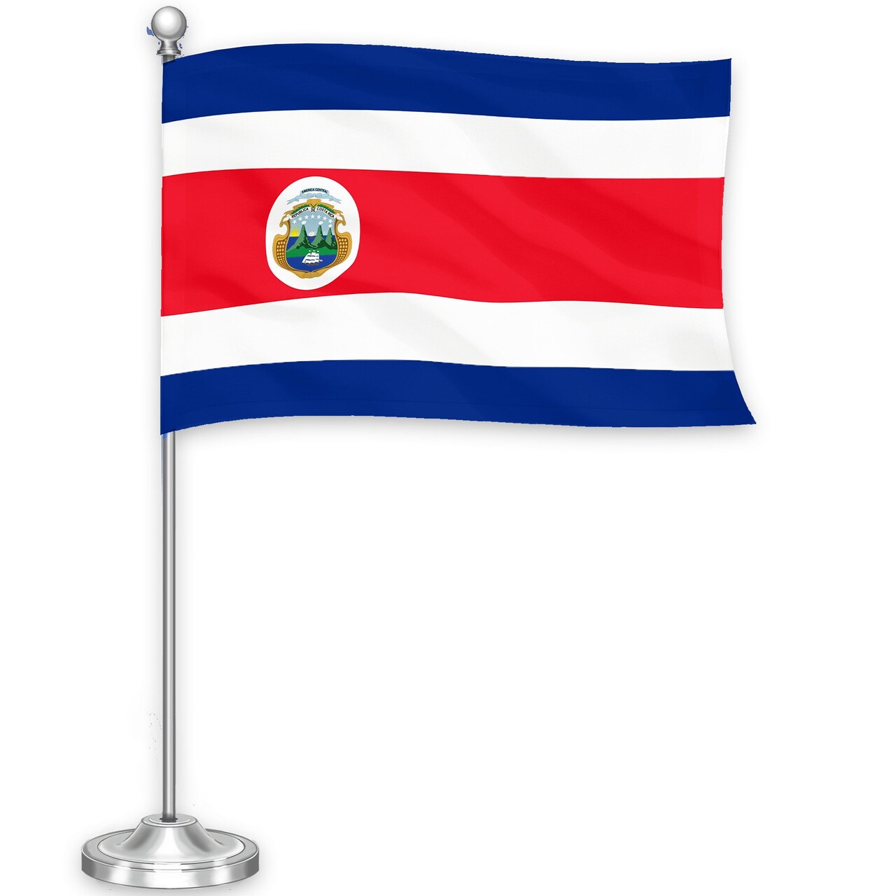 G128 Costa Rica Costa Rican Deluxe Desk Flag Set | 8.5x5.5 In | Printed 300D Polyester, with Silver Dome and Base, 15" Metal Pole, Decorations For Office, Home and Festival Events Celebration